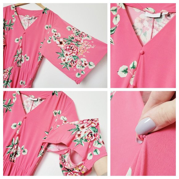 !!SOLD!! New York & Company Pink Floral Belted Maxi Dress w Kimono Style Sleeves - Picture 7 of 16